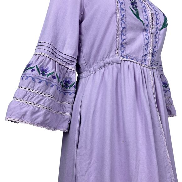 Boutique Cottagecore Long Sleeve Linen Blend Lavender Embroidered Maxi Dress S - Picture 5 of 7
